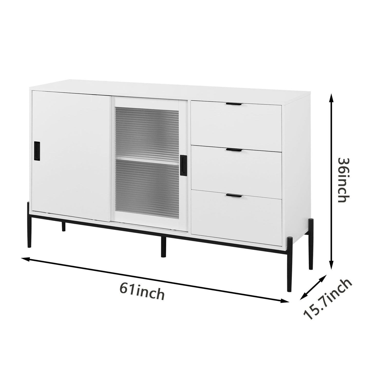 Modern characteristic storage cabinet side panel with glass sliding door and 3 drawers, dining table cabinet in white color - Korvel
