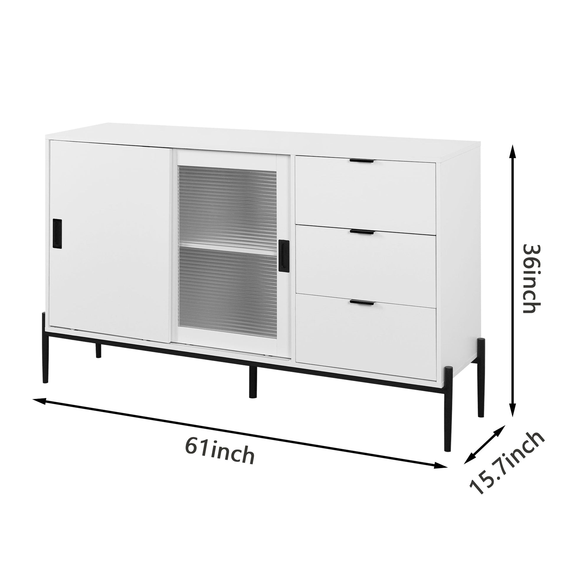 Modern characteristic storage cabinet side panel with glass sliding door and 3 drawers, dining table cabinet in white color - Korvel