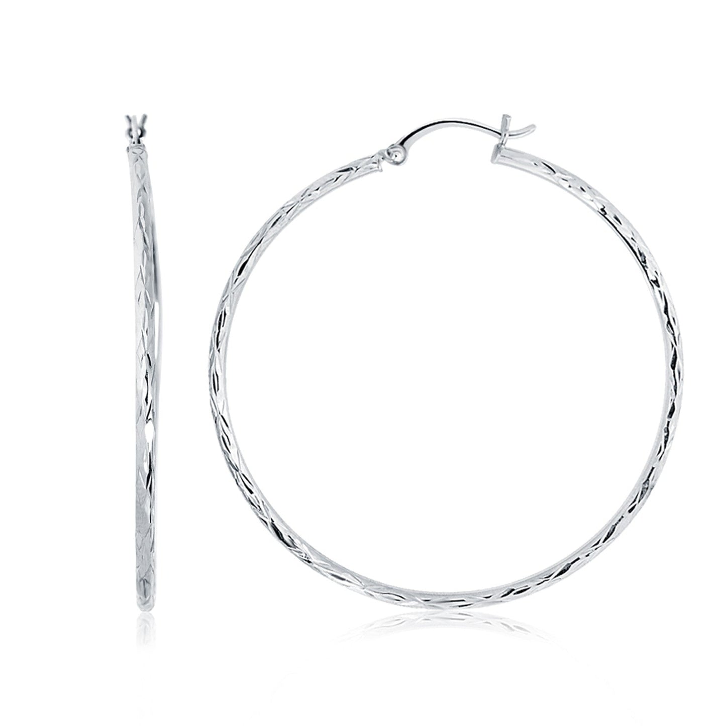 14k White Gold Diamond Cut Hoop Earrings - 1 3/4 Inch