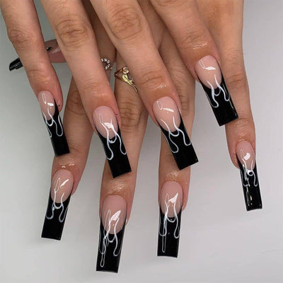 Black French Flame Finished False Nails