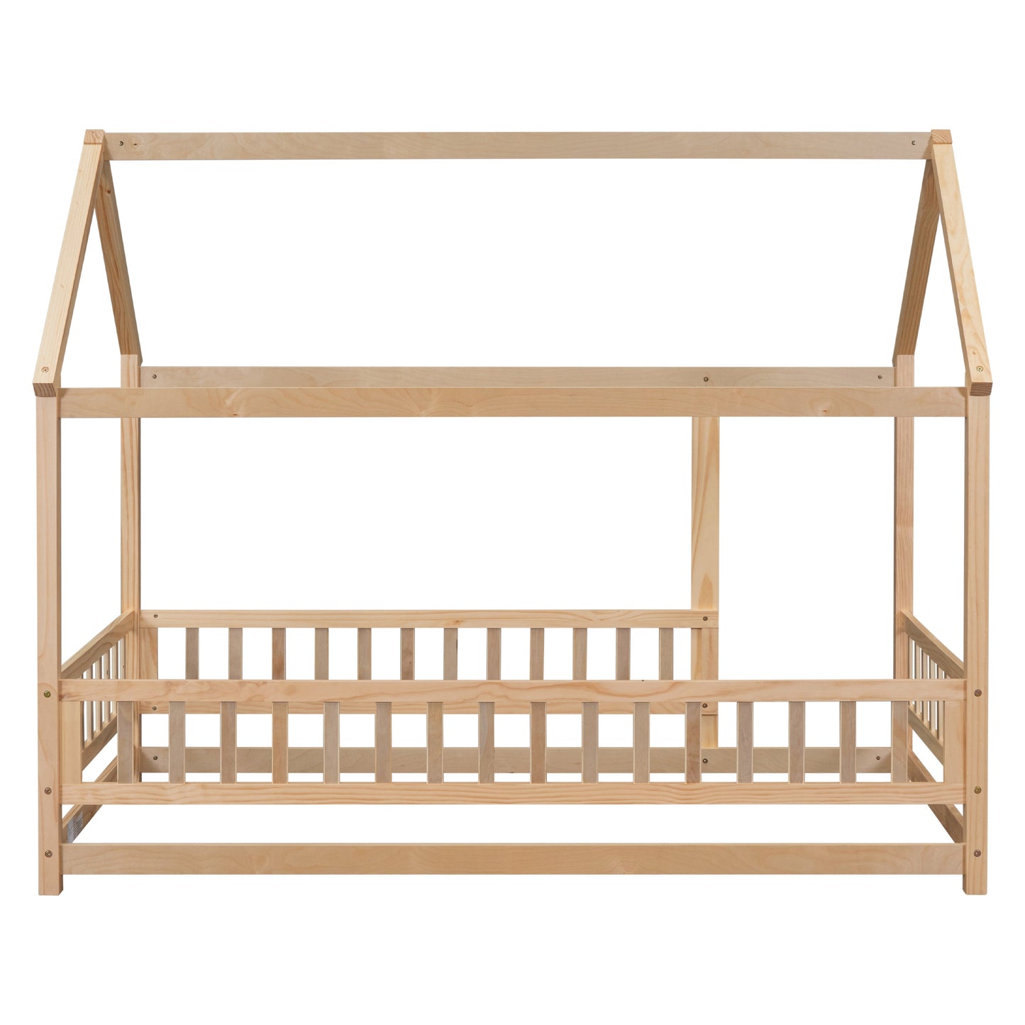 Lit en bois taille twin avec cadre de toit de maison et barrières de sécurité