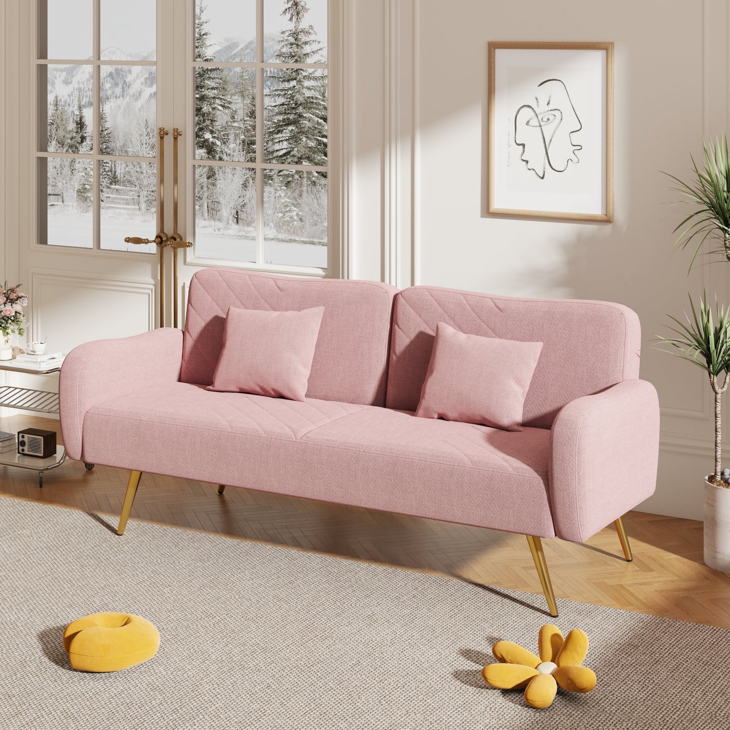 70.47" Pink Fabric Double Sofa with Split Backrest and Two Throw Pillows - Korvel
