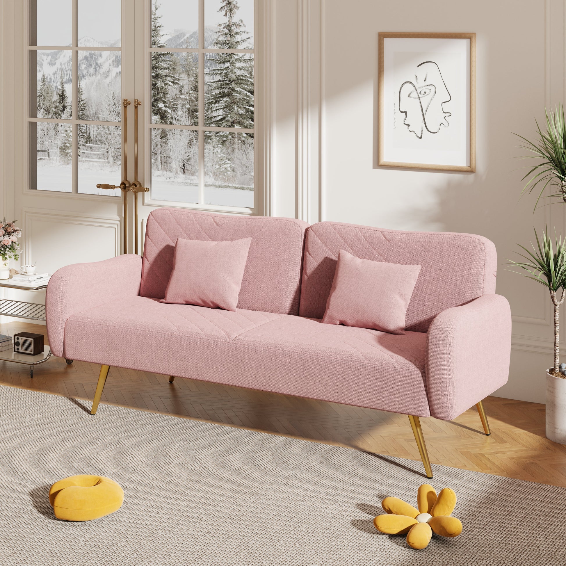 70.47" Pink Fabric Double Sofa with Split Backrest and Two Throw Pillows - Korvel