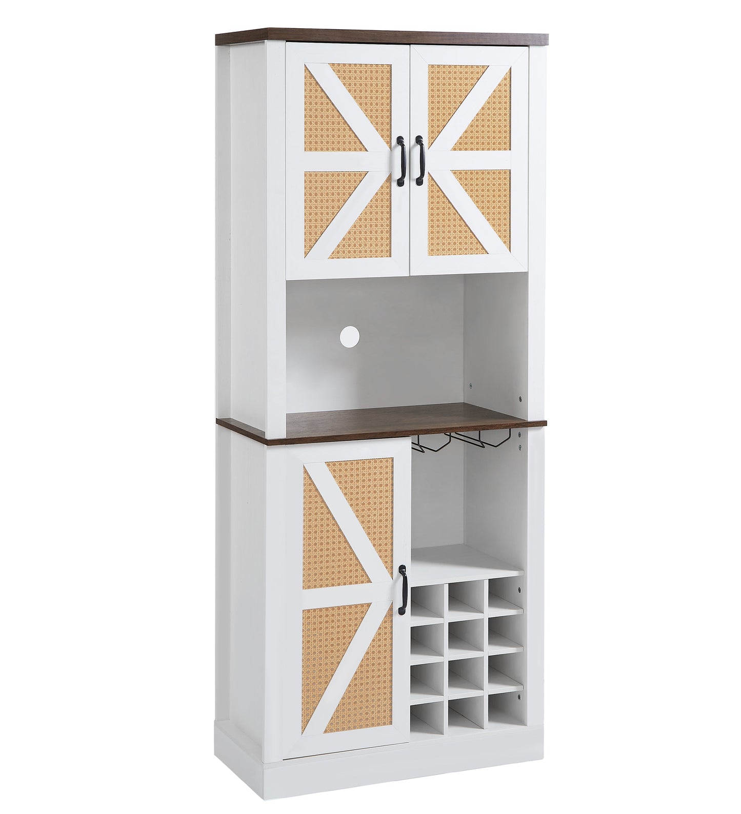 76 Inch Tall Farmhouse Kitchen Faux Rattan Wine Cabinet, Kitchen Bar Cabinet with Square Compartments and Shelves - Korvel