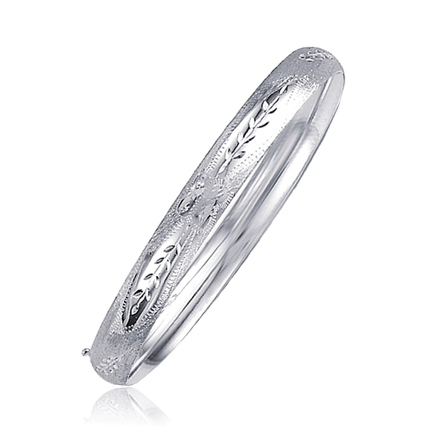 Classic Floral Carved Bangle in 14k White Gold