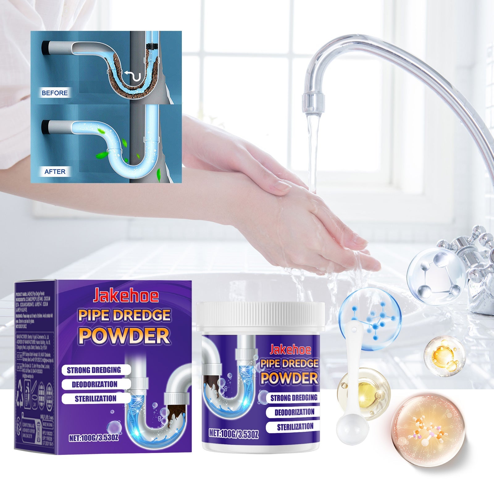 JAKEHOE Pipe Dredge Powder, Household Kitchen And Bathroom Drain Water Clogging Dredging Deodorizing Pipe Cleaning Powder - Korvel