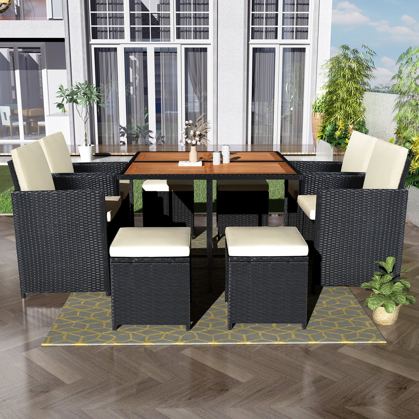 TOPMAX Patio All-Weather PE Wicker Dining Table Set with Wood Tabletop for 8, Black Rattan+Beige Cushion (9-Piece) - Korvel