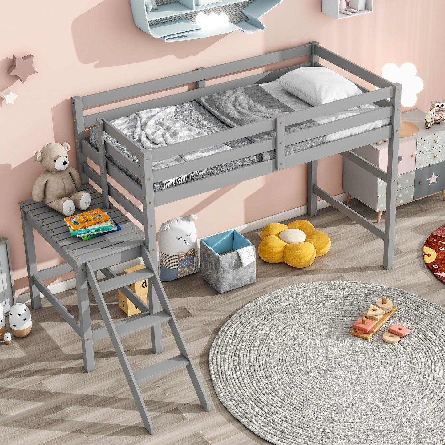 Premium Twin Loft Bed with Platform and Ladder in Grey