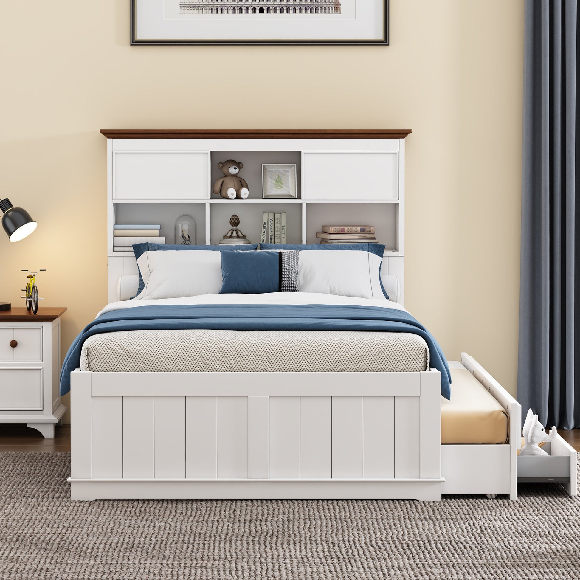 Solid Pine Captain Bookcase Bed with Trundle Bed and 3 Spacious Under Bed Drawers in Casual,Full, White+Walnut - Korvel