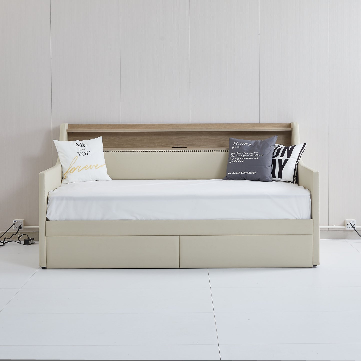 Twin Size Daybed with Storage Drawers, Upholstered Daybed with Charging Station and LED Lights, Beige - Korvel