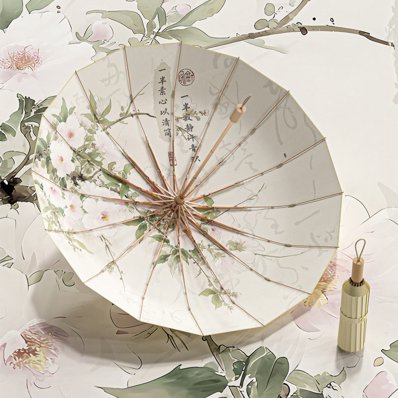 16-rib color rubber & gold aluminum alloy frame: new Chinese retro folding umbrella with sun protection and UV resistance. - Korvel