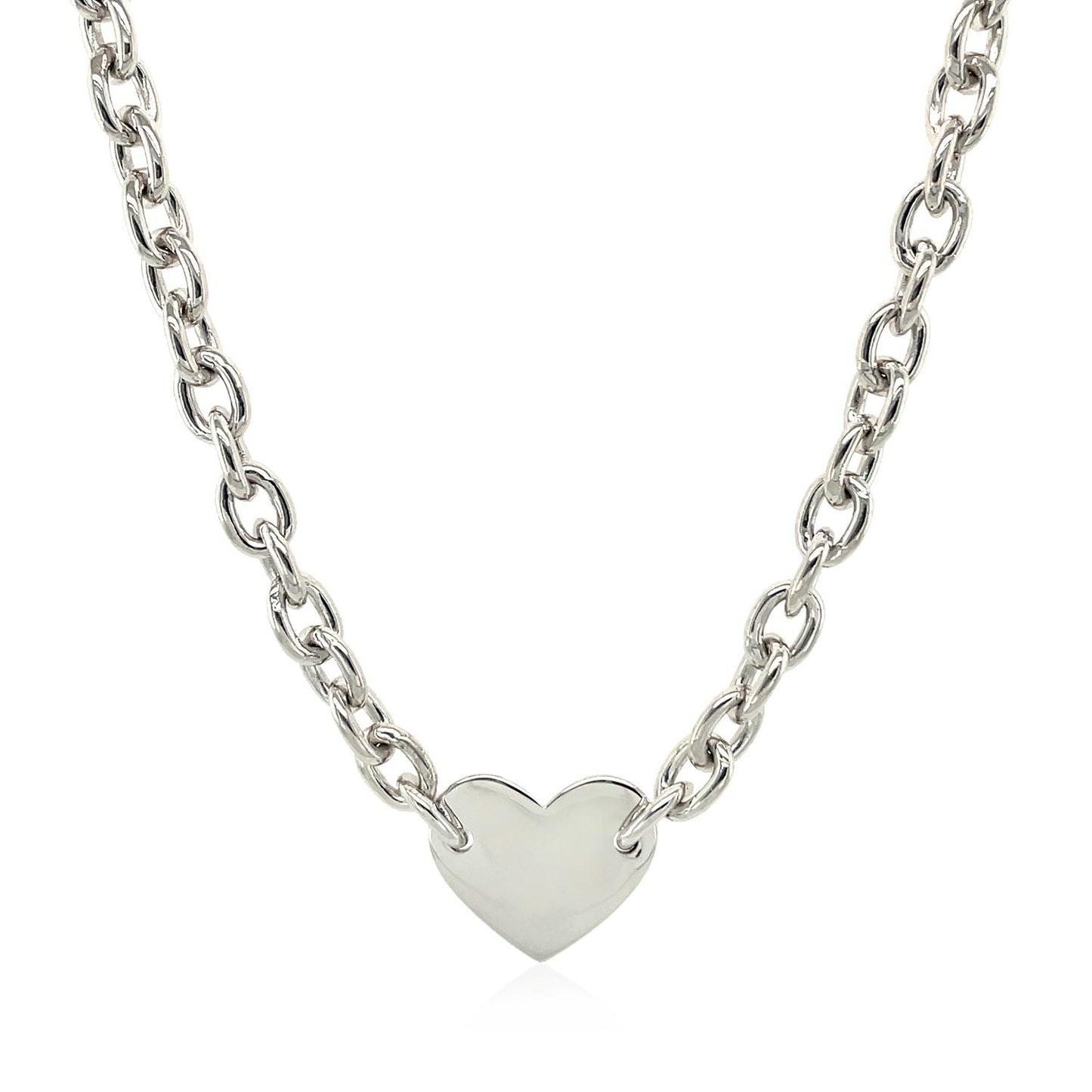 Sterling Silver Rhodium Plated Heart Motif Chain Necklace