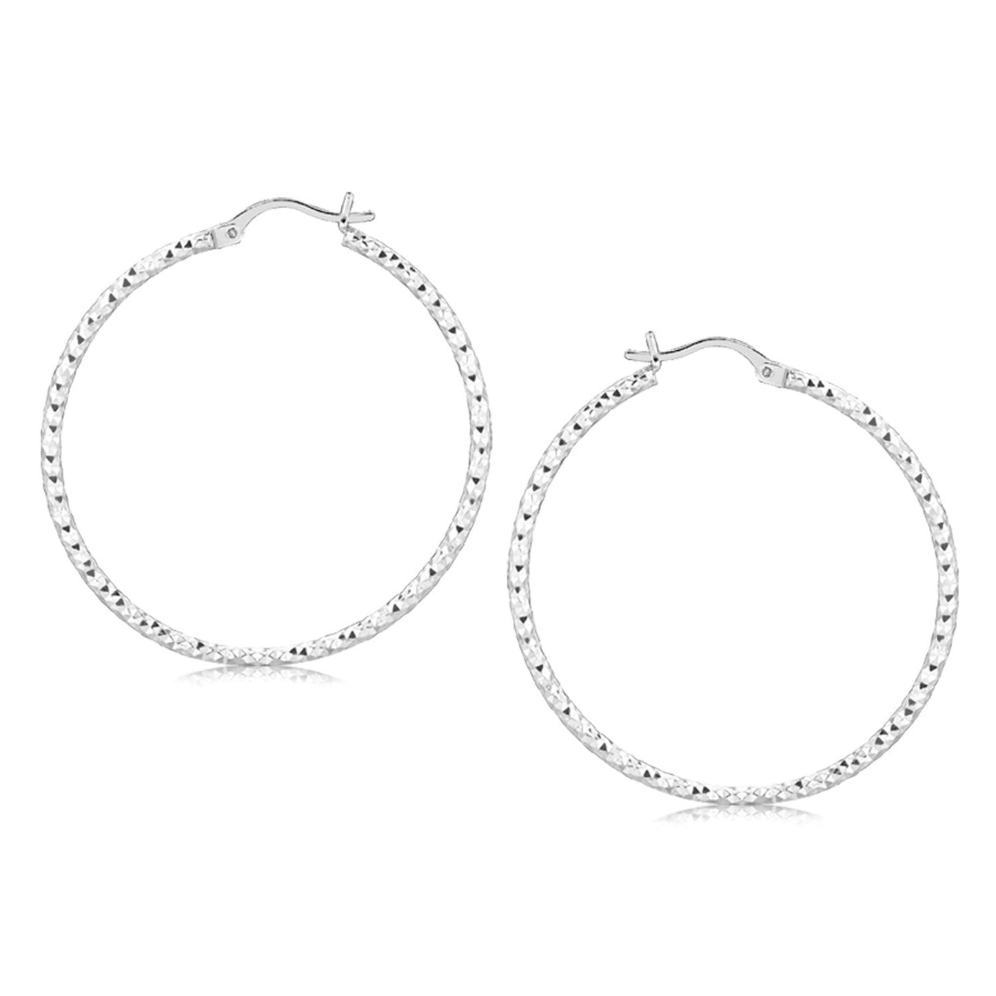Sterling Silver Rhodium Plated Large Faceted Hoop Earrings