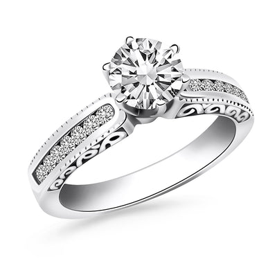 Anillo de Compromiso de Oro Blanco de 14k con Diseño Canal y Lados Grabados