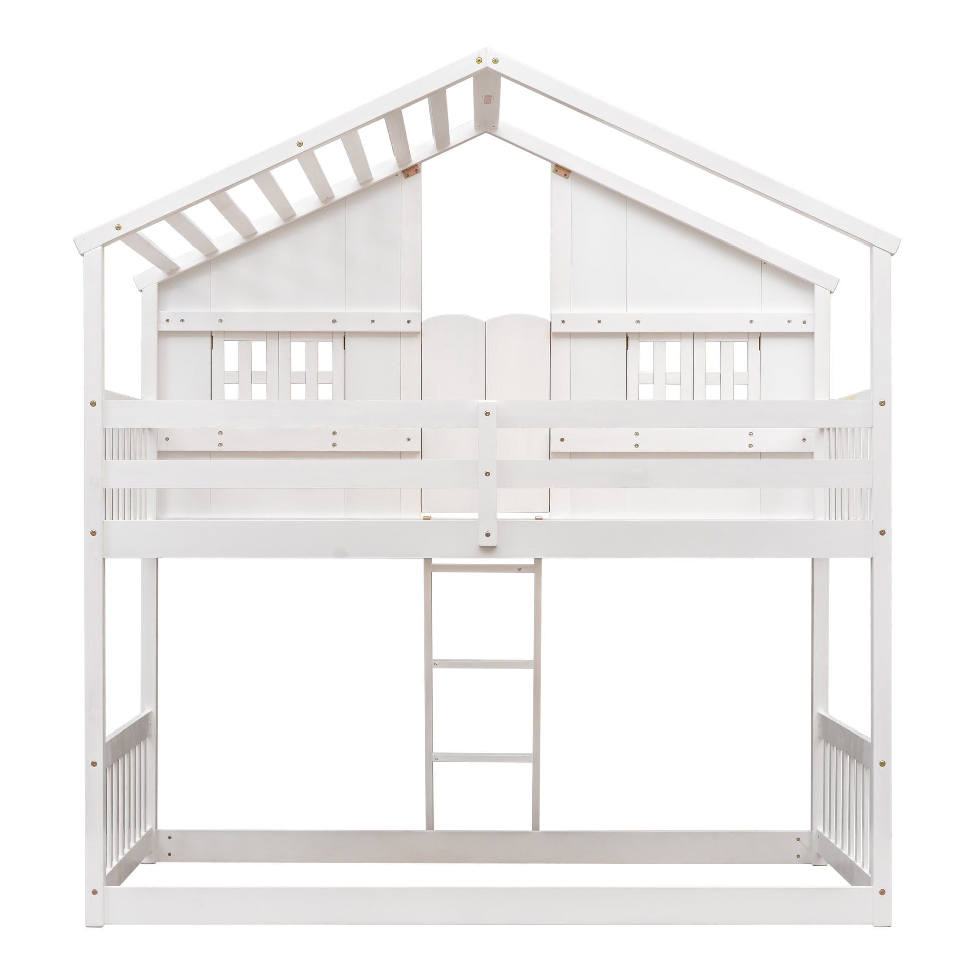Twin over Twin House Bunk Bed with Roof , Window, Window Box, Door , with Safety Guardrails and Ladder,White - Korvel