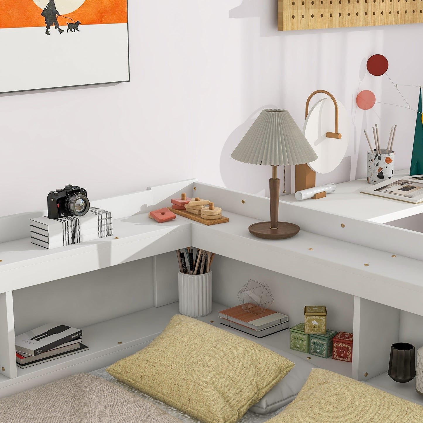 Elegant Full Bed with L-shaped Bookcases and Drawers in White