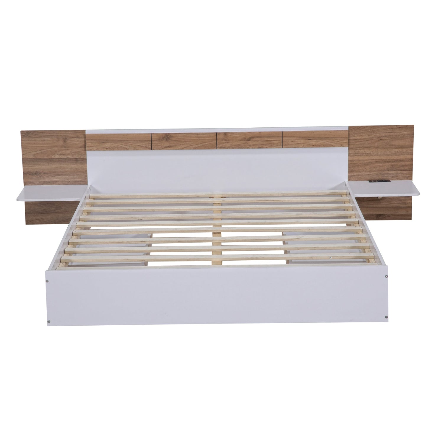 Queen Size Platform Bed with Headboard, Drawers, Shelves, USB Ports and Sockets  White - Korvel