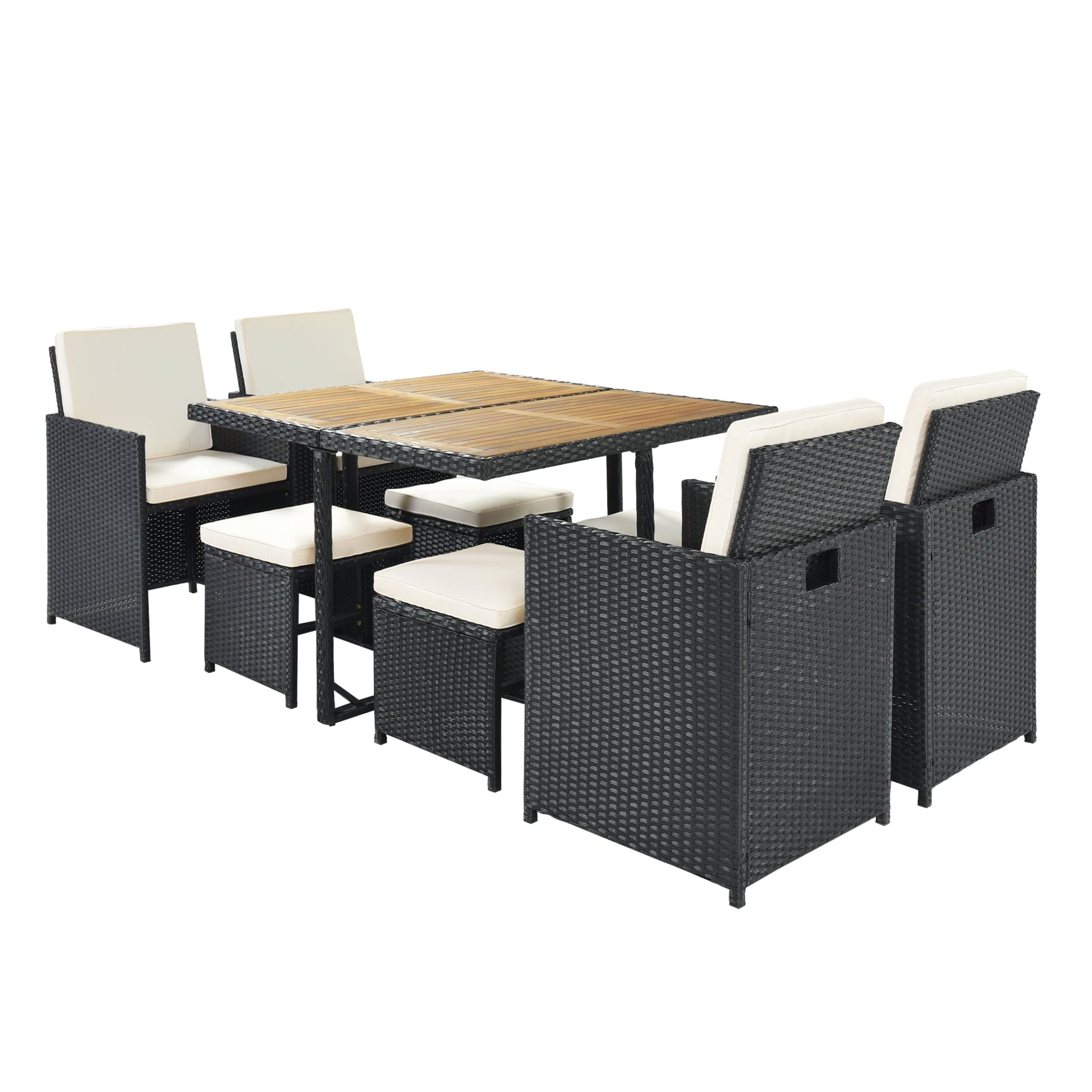 TOPMAX Patio All-Weather PE Wicker Dining Table Set with Wood Tabletop for 8, Black Rattan+Beige Cushion (9-Piece) - Korvel