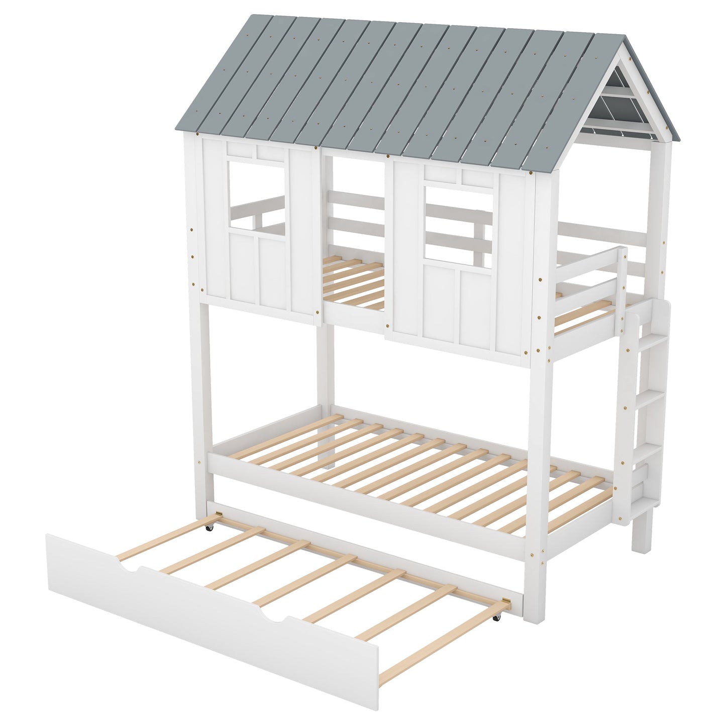 House Bunk Bed with Trundle,Roof and Windows White - Korvel