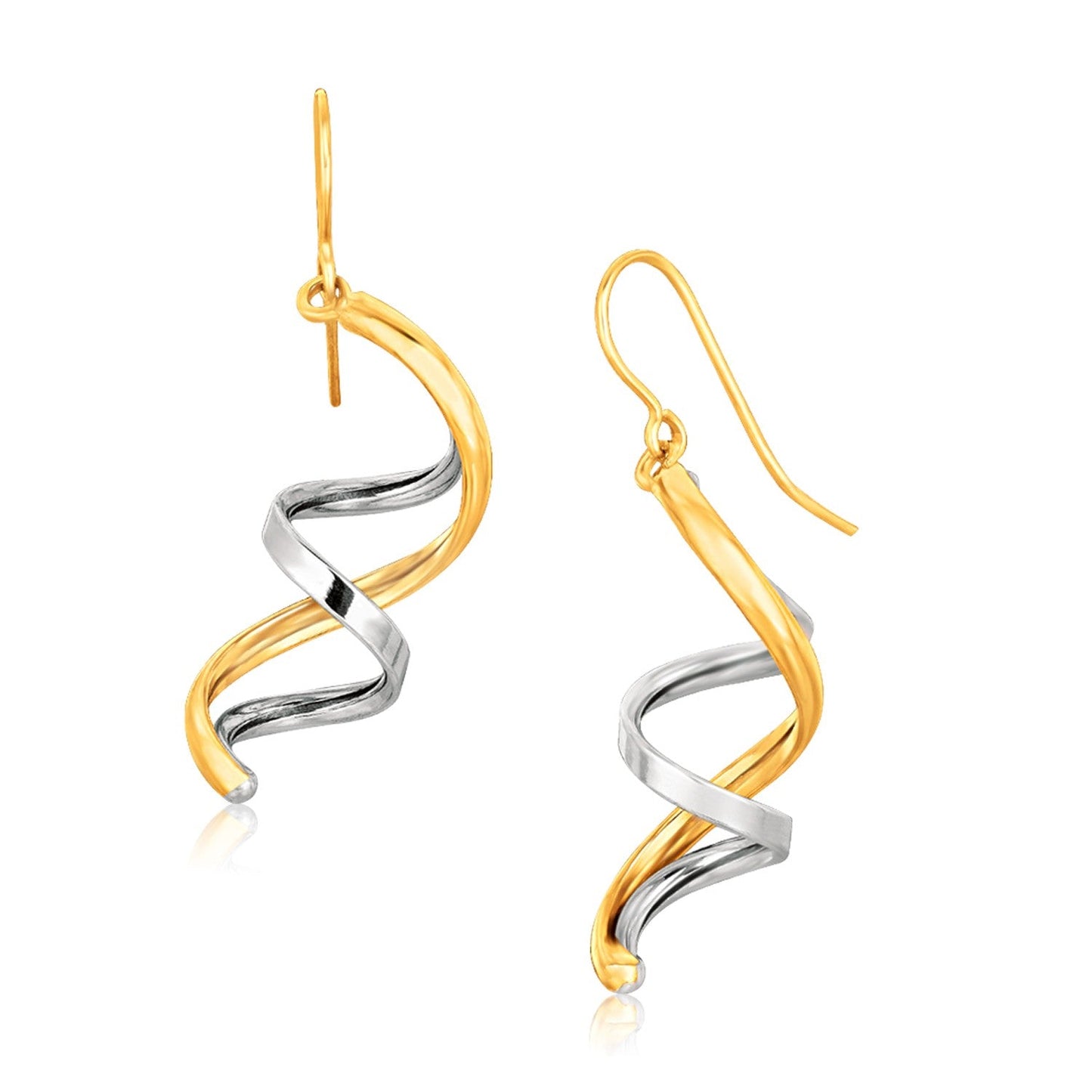 Pendientes Colgantes Pulidos de Doble Hélice de Oro de Dos Tonos de 14k