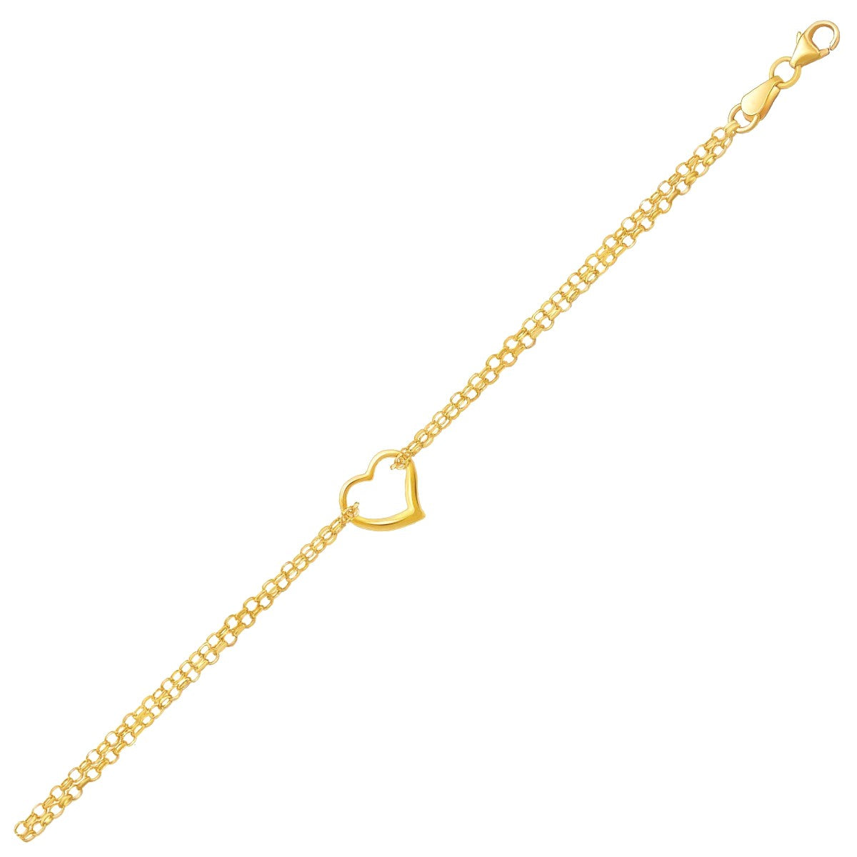 14k Yellow Gold Double Rolo Chain Anklet with Open Heart Station