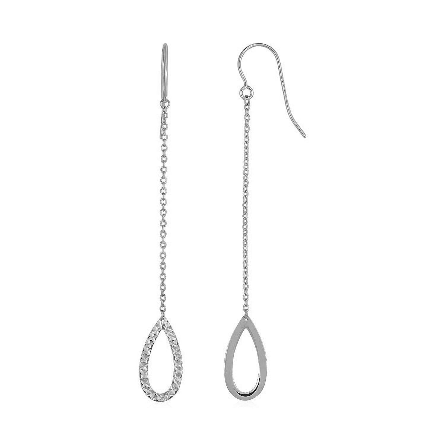 Pendientes largos en forma de pera texturizada en oro blanco de 14k