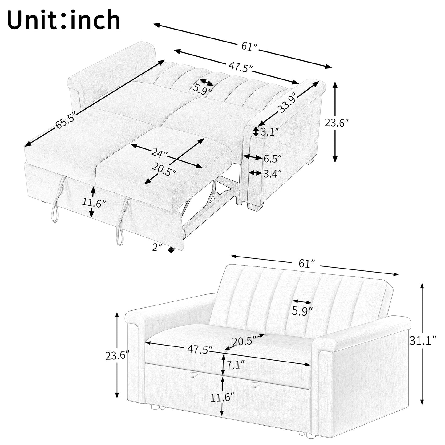U_STYLE Convertible Soft Cushion Sofa Pull Bed ,for Two People to Sit On - Korvel