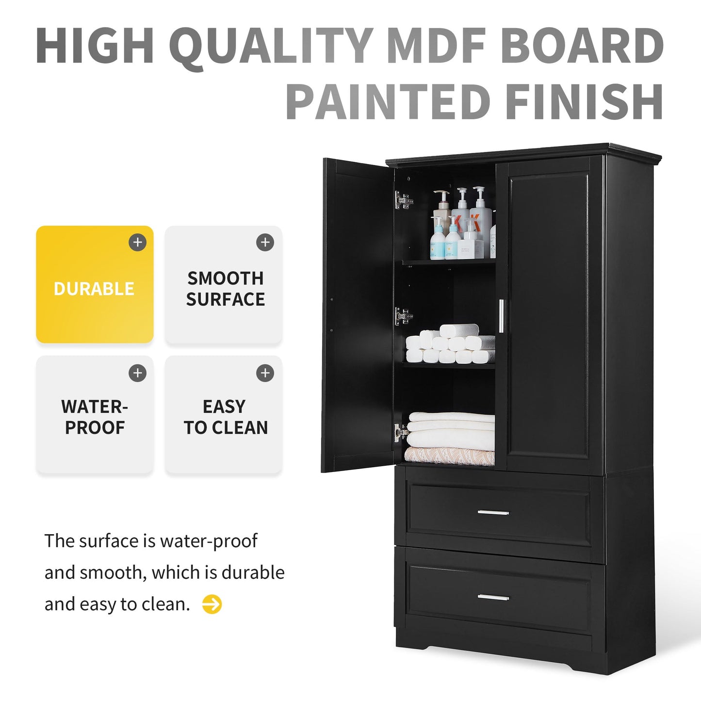 Tall Bathroom Storage Cabinet, Cabinet with Two Doors and Drawers, Adjustable Shelf, MDF Board, Black - Korvel