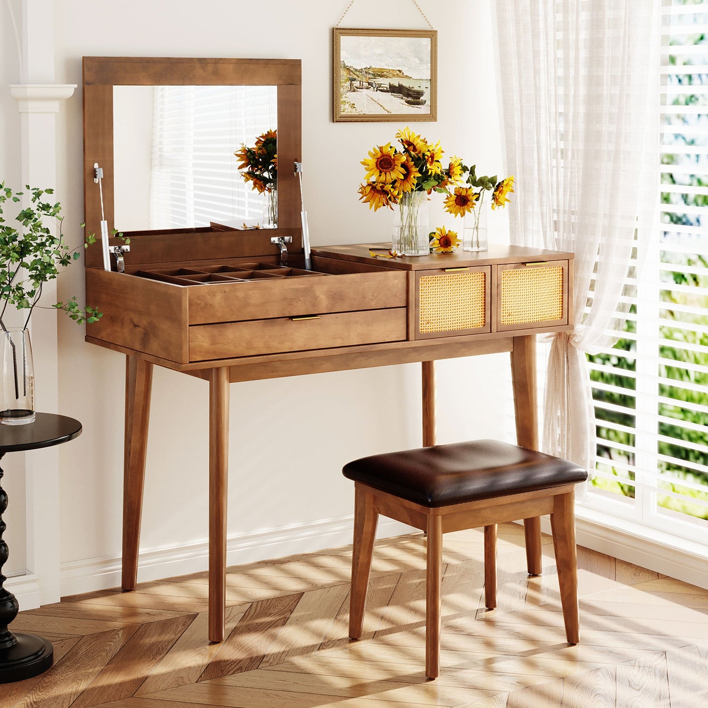 43.3" Wooden Vanity Set with Flip Mirror and Stool