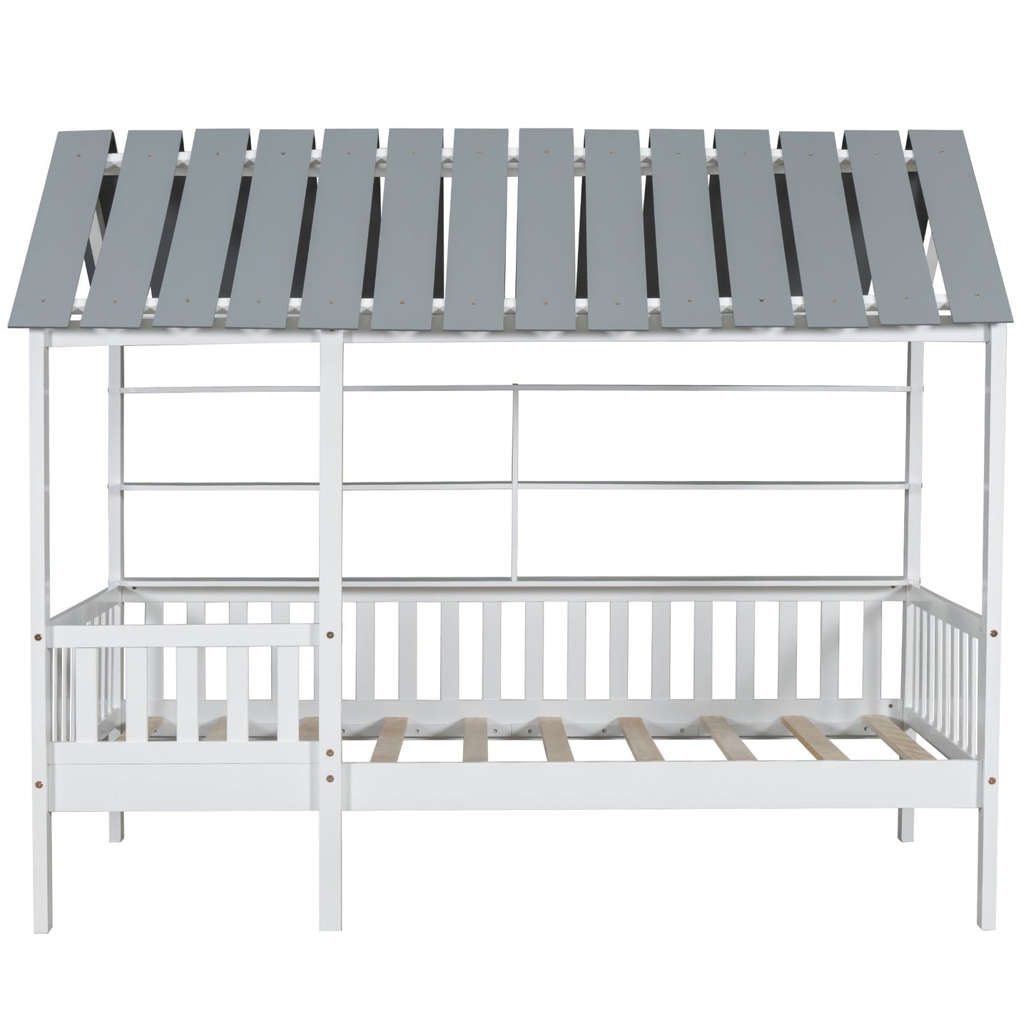 Wood Twin Size House Bed with Roof, Guardrail and Shelves, White - Korvel