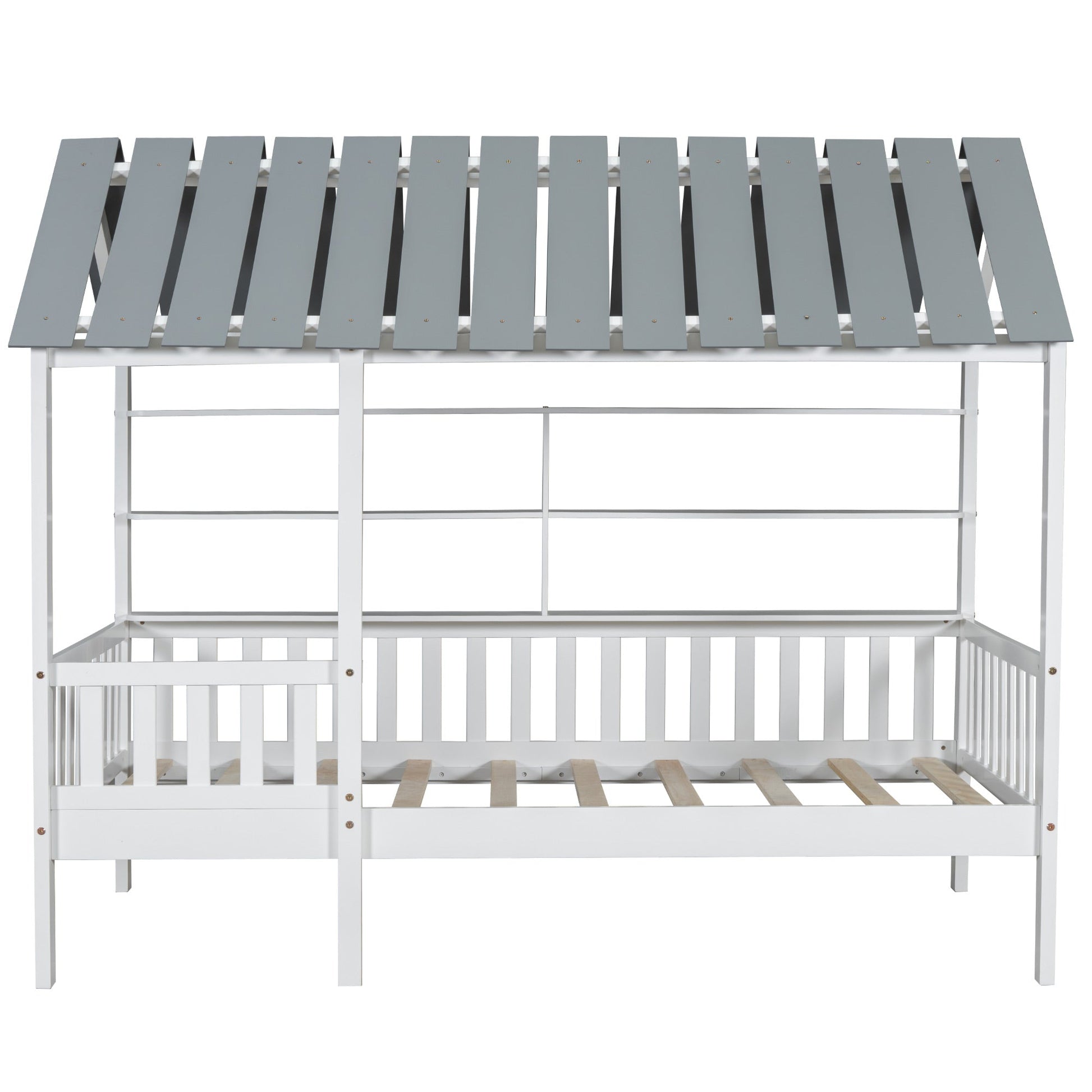 Wood Twin Size House Bed with Roof, Guardrail and Shelves, White - Korvel