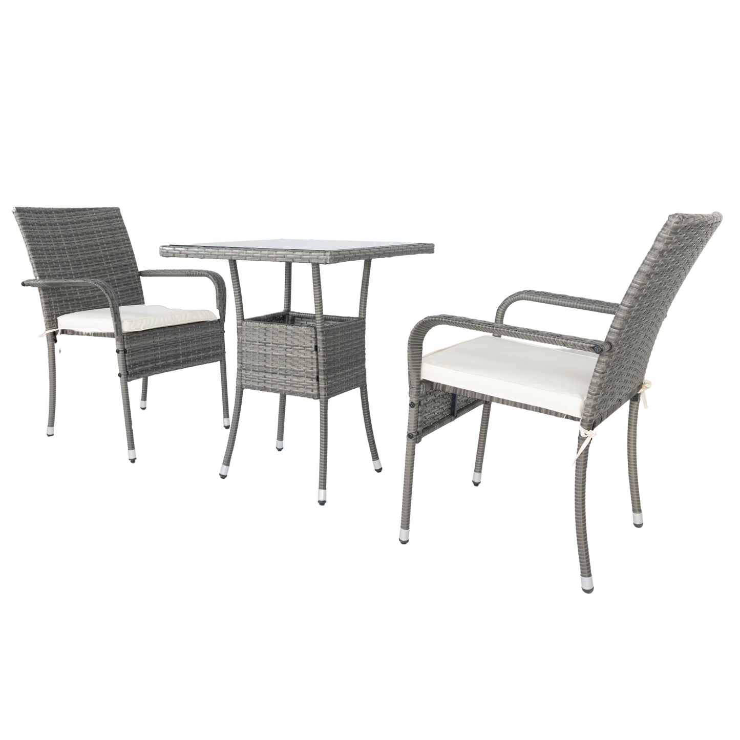 3 Piece Patio Wicker Conversation Set Grey Wicker + white Cushion - Korvel