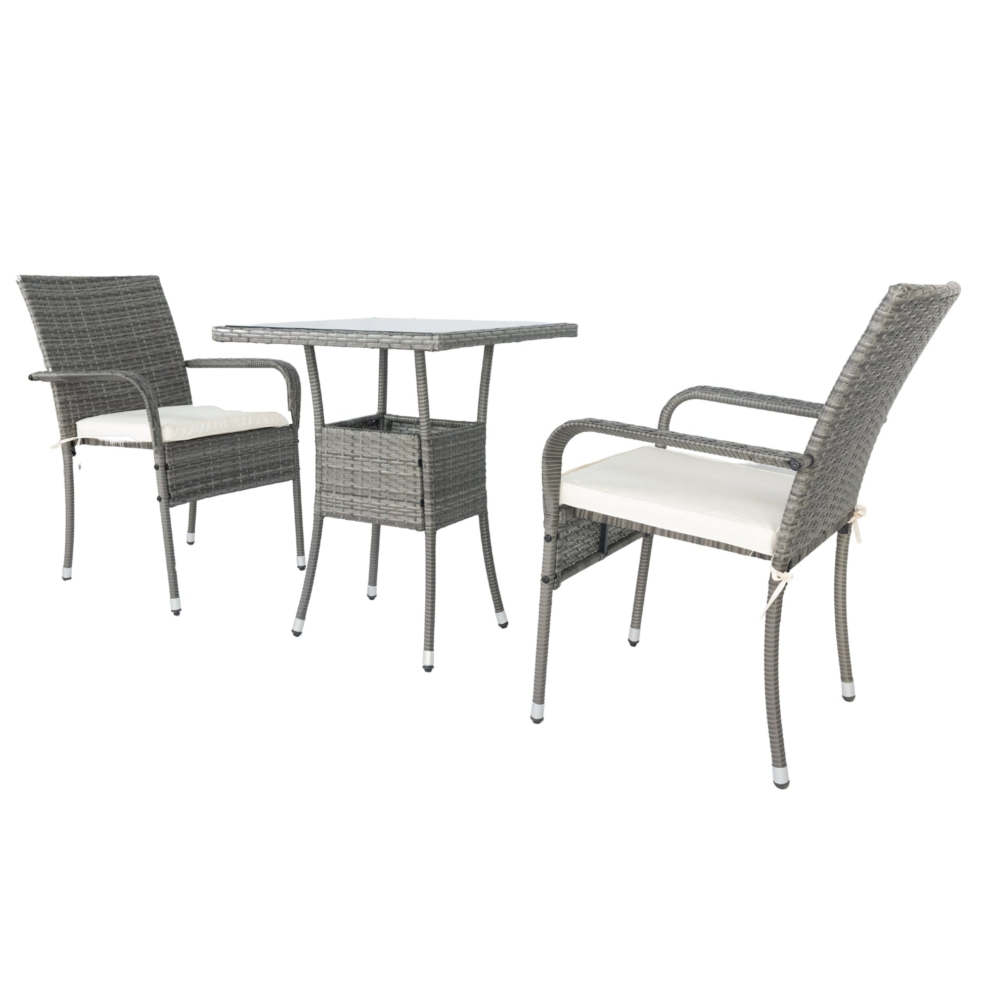 3 Piece Patio Wicker Conversation Set Grey Wicker + white Cushion - Korvel