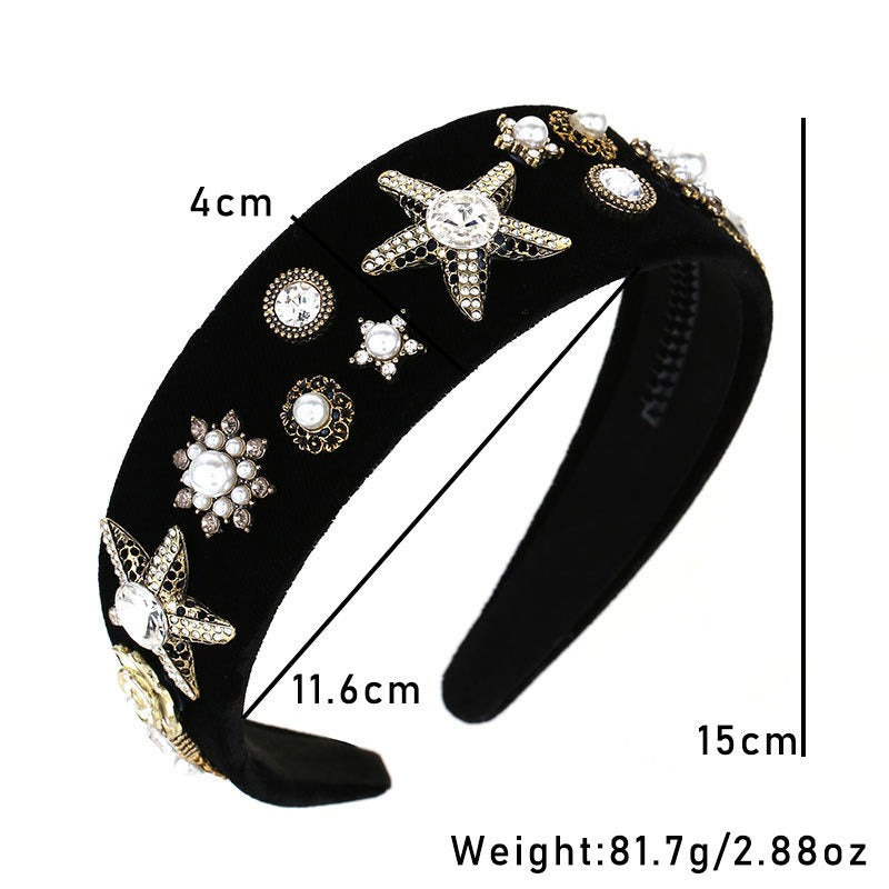 Fashionable velvet pearl black starfish hairband - Korvel