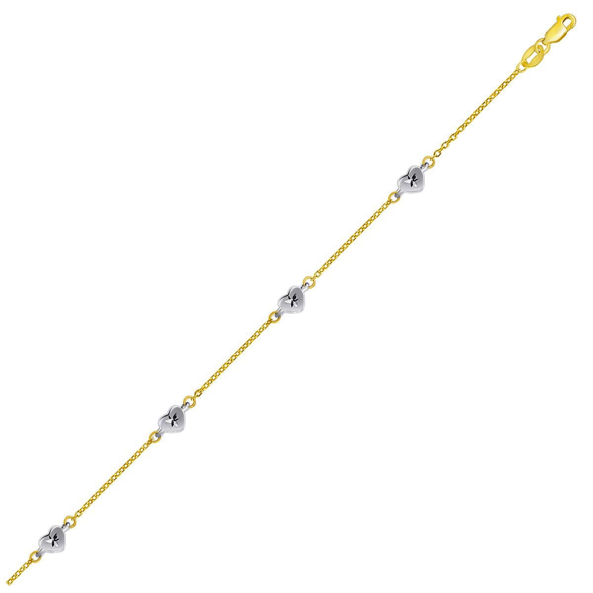 Tobillera de Oro de Dos Tonos de 14k con Estaciones en Forma de Corazón