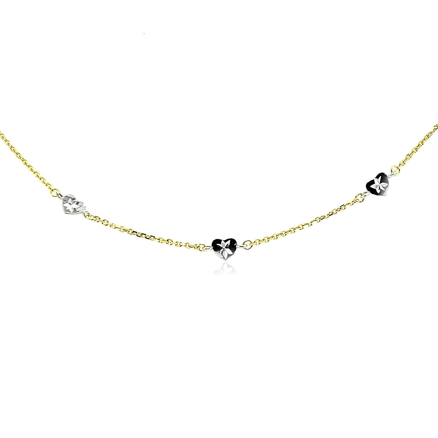 Tobillera de Oro de Dos Tonos de 14k con Estaciones en Forma de Corazón