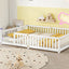 Queen Size Bed Floor Bed with Safety Guardrails and Door for Kids, White - Korvel