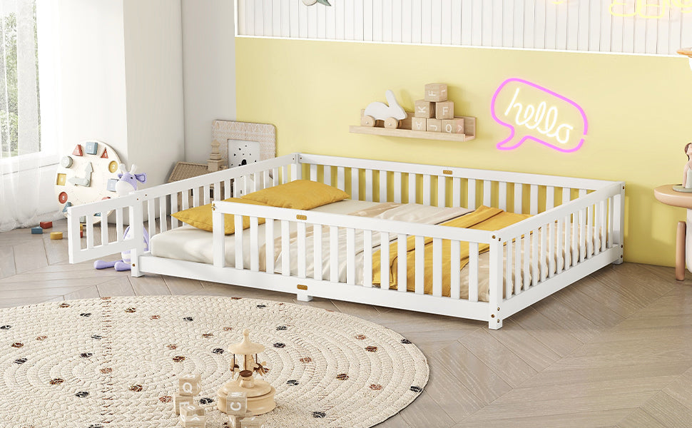 Queen Size Bed Floor Bed with Safety Guardrails and Door for Kids, White - Korvel
