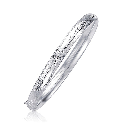 Classic Floral Carved Bangle in 14k White Gold