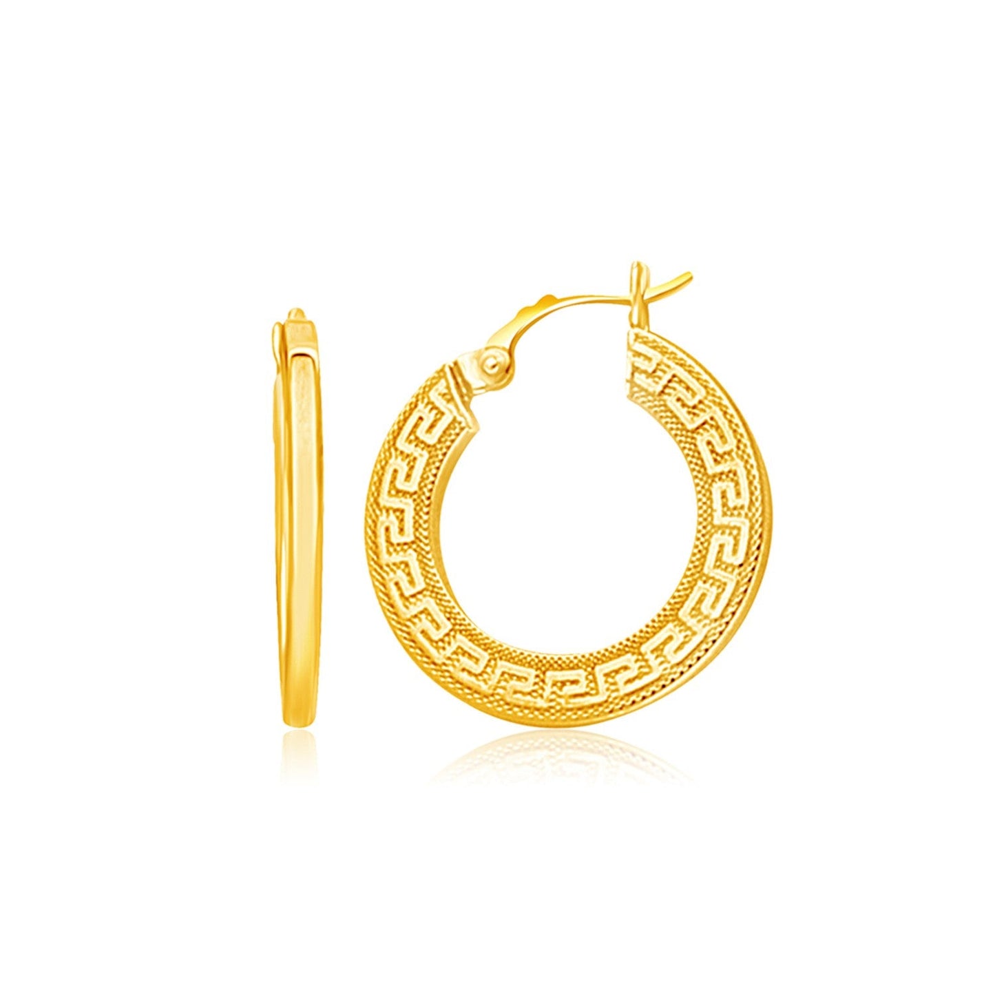 Boucles d'oreilles créoles médium en or jaune 14 carats avec motif grec