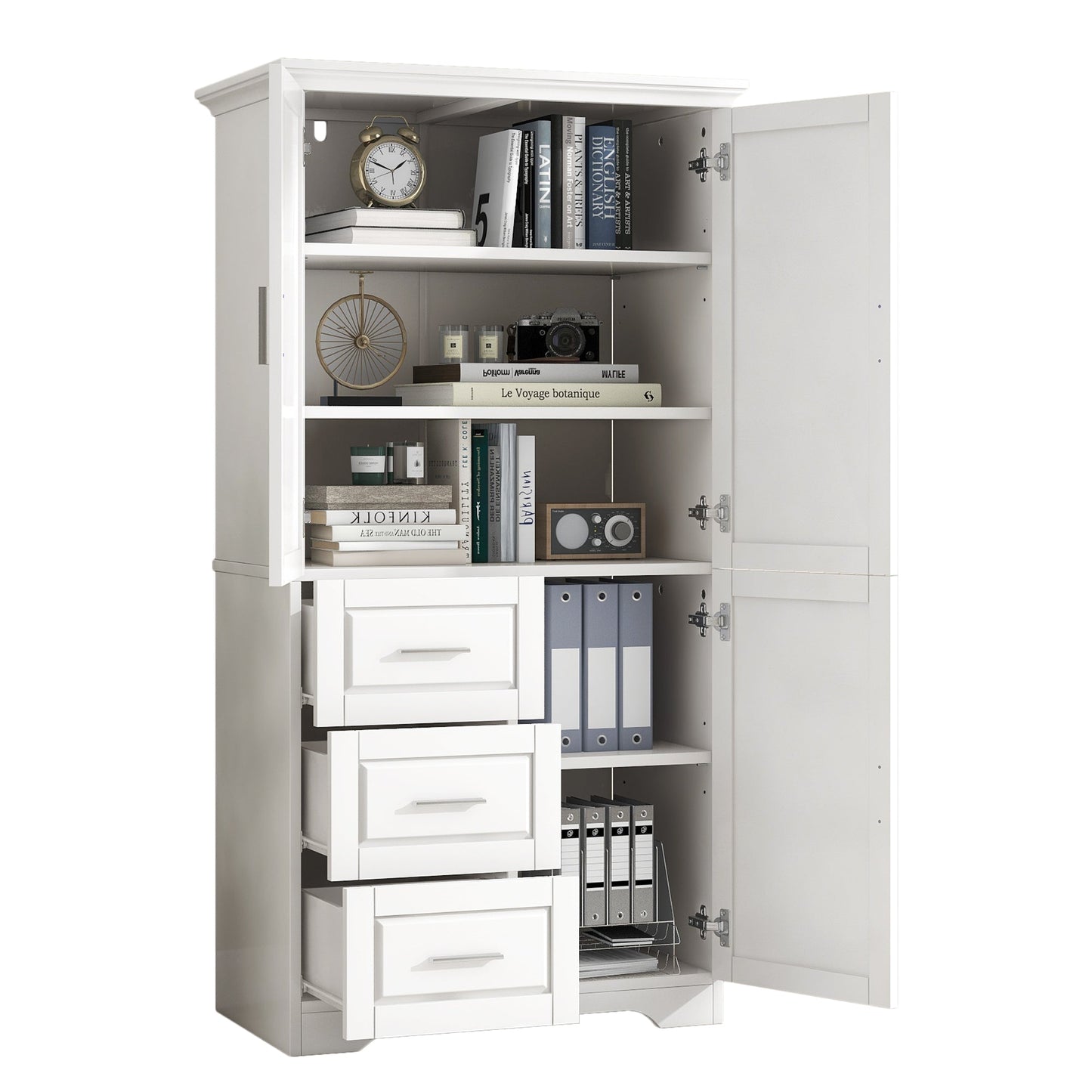 Tall and Wide Storage Cabinet with Doors for Bathroom/Office, Three Drawers, White - Korvel