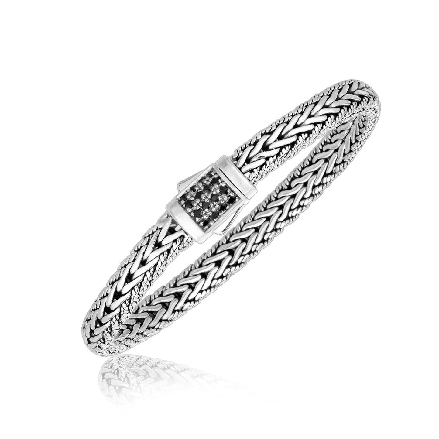 Sterling Silver Braided Men's Bracelet with Black Sapphire Accents