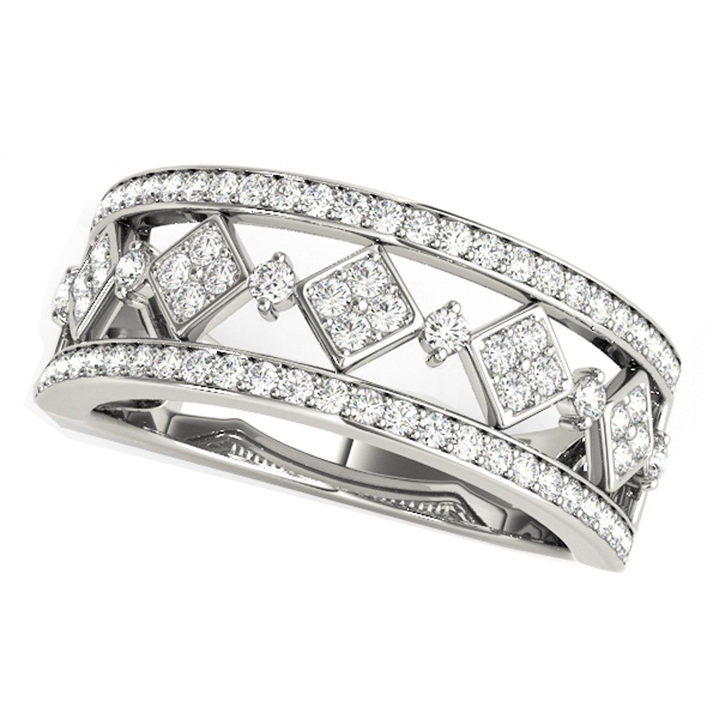 Bague à Motif Carré Sertie de Diamants en Or Blanc 14k