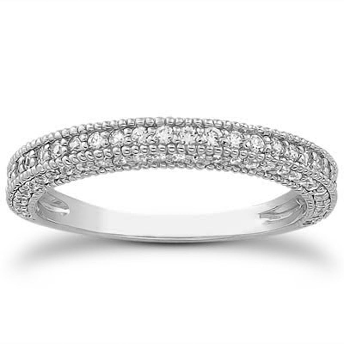Bague de mariage en or blanc 14k avec diamants pavés et milgrain