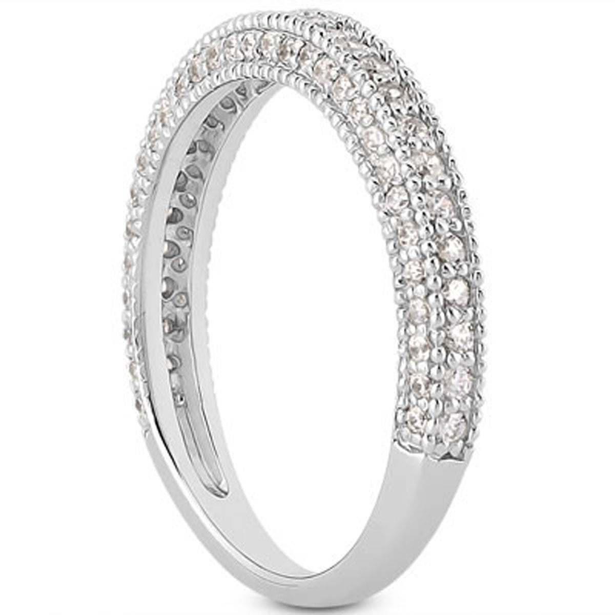 Bague de mariage en or blanc 14k avec diamants pavés et milgrain
