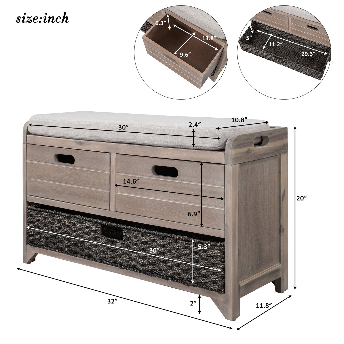 TREXM Storage Bench with Removable Basket and 2 Drawers, Fully Assembled Shoe Bench with Removable Cushion (White Washed) - Korvel