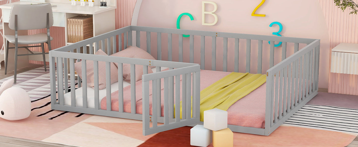 Queen Size Wood Floor Bed Frame with Fence and Door Gray(OLD SKU:WF289663AAE) - Korvel
