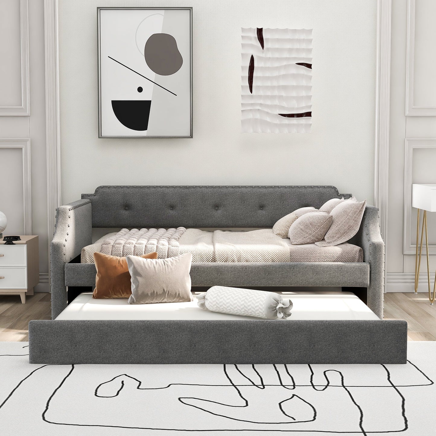Upholstered Daybed with Trundle, Wood Slat Support,Upholstered Frame Sofa Bed   Twin Gray - Korvel