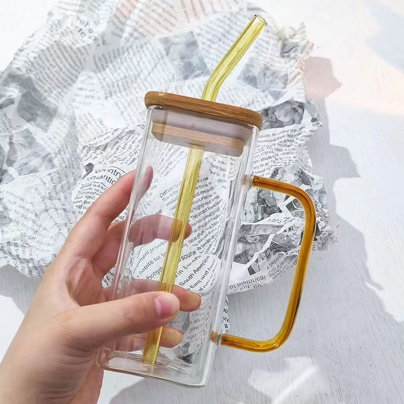 Square colored handle cup glass straw cup with lid milk tea cup with large capacity - Korvel