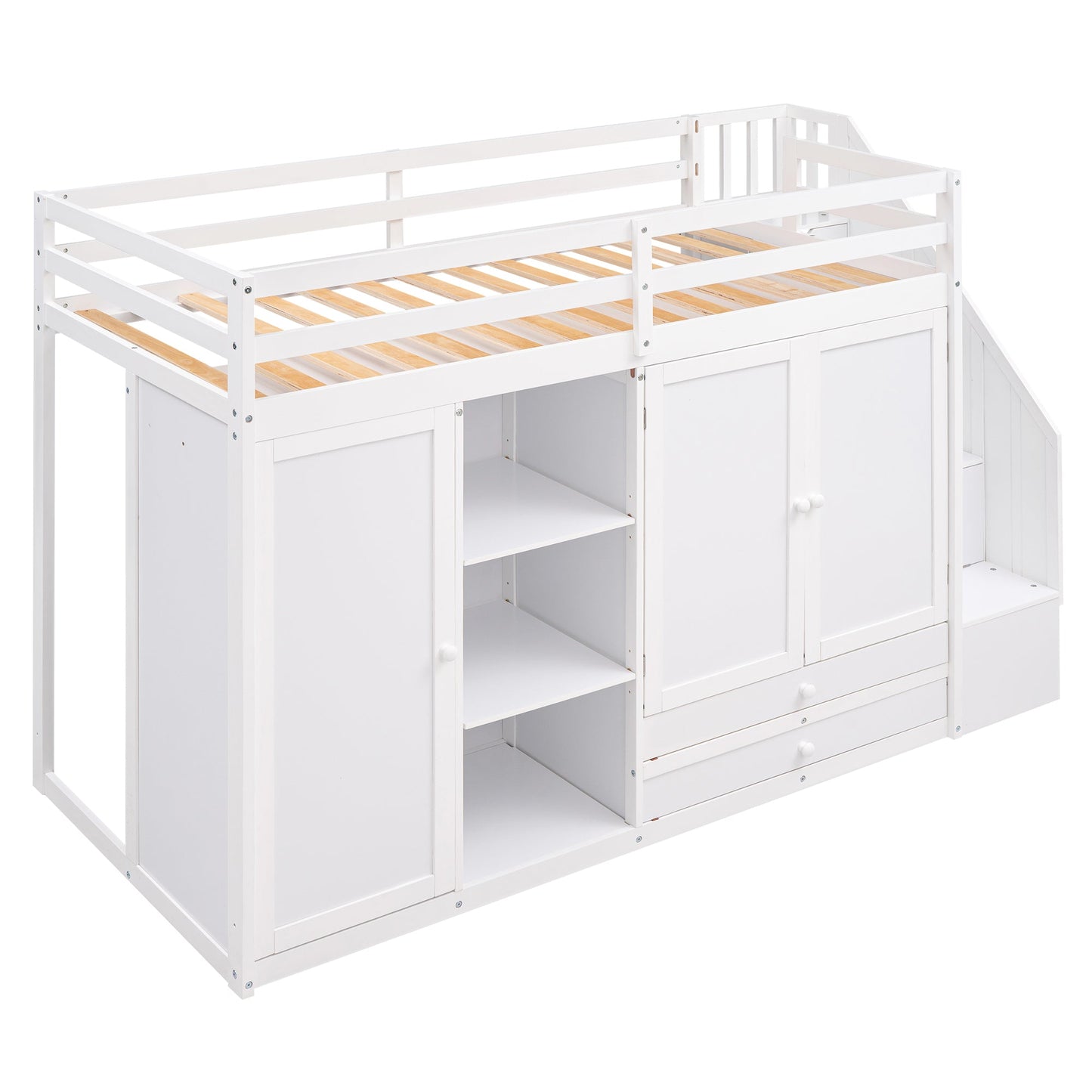 Functional Loft Bed with Storage and Shelves in White